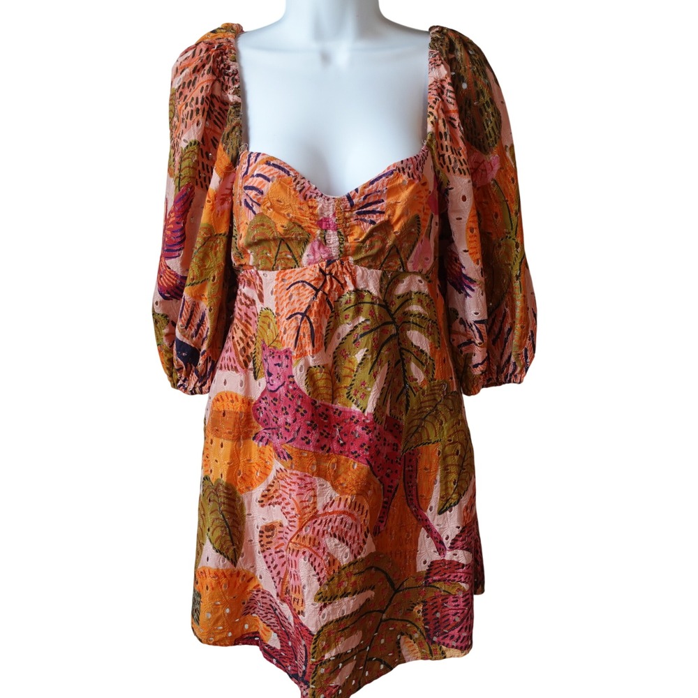 Kourt Tropical Print Square‎ Neck Smocked Mini Dress Pink Orange Eyelet Boho Med